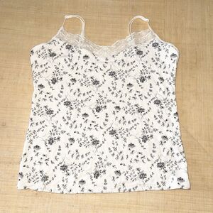 GAP Body Y2K Cami Top Size L Laced Neckline Knit Ivory Floral Black Lined 90s